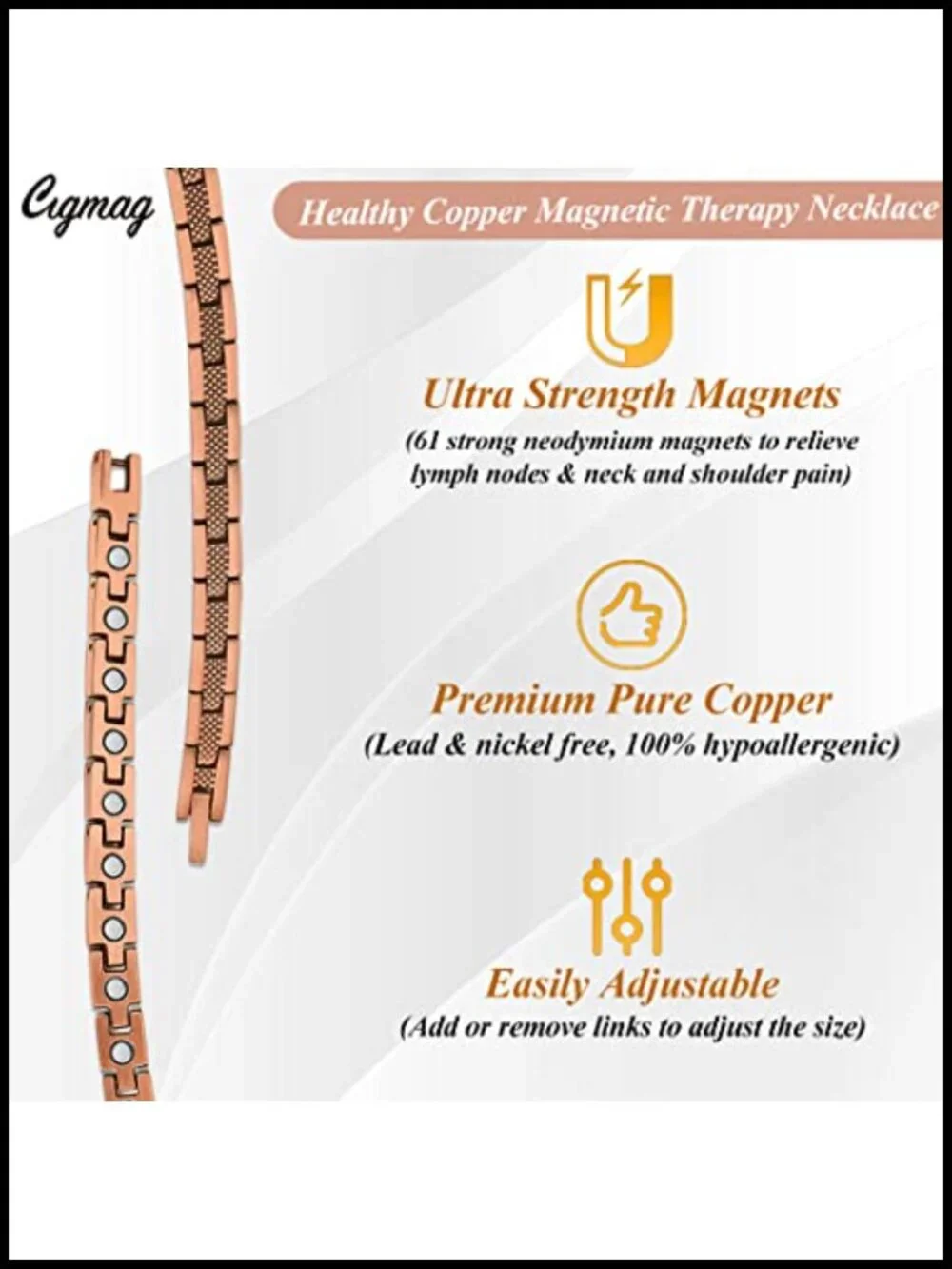 Solid Pure Copper Magnetic Necklace & Ring Set with Adjustable Sizing Tool